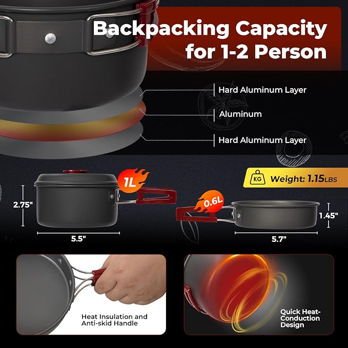 Bulin 24/13/11/8/4 PCS Camping Cookware Mess Kit Lightweight Backpacking - Image 5