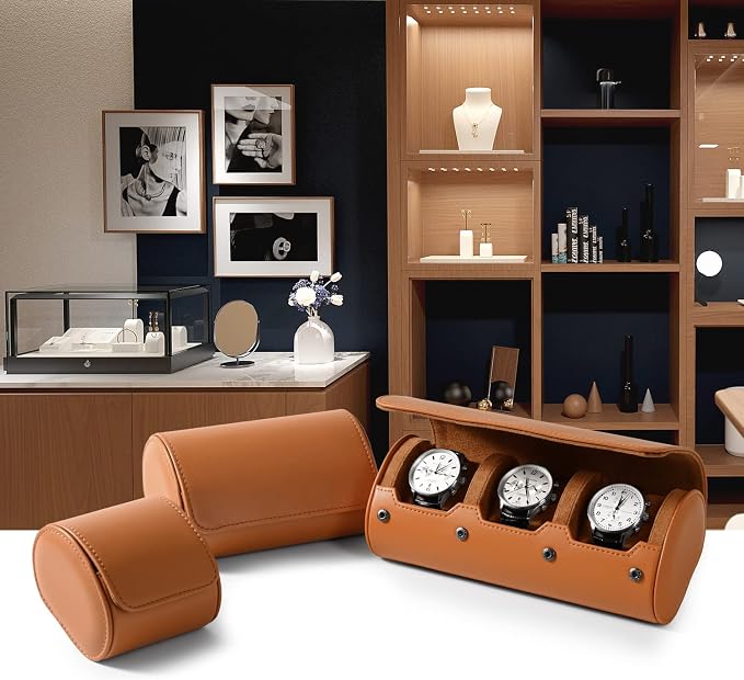 Oirlv Premium Leather Watch Roll Travel Case 3-Slot Watch Box - Image 2