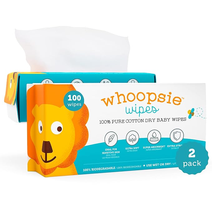 100% Pure Cotton Dry Wipes | 200 Count | Use Wet or Dry | Soft & Sensitive | by WhoopsieWipes