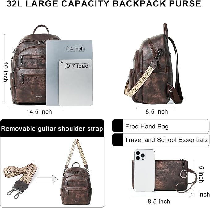 Backpack Purse for Women Laptop Backpack, Leather Travel Backpack Shoulder Bag - Image 3