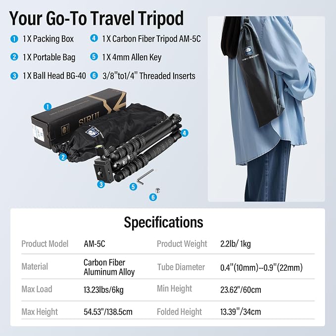 SIRUI Lightweight Carbon Fiber Travel Tripod, 6kg Load Capacity Compact Camera - Image 8