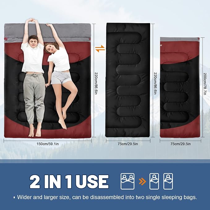 Double Sleeping Bag for Adults Machine Washable 2 Person Camping Sleeping Bag - Image 3