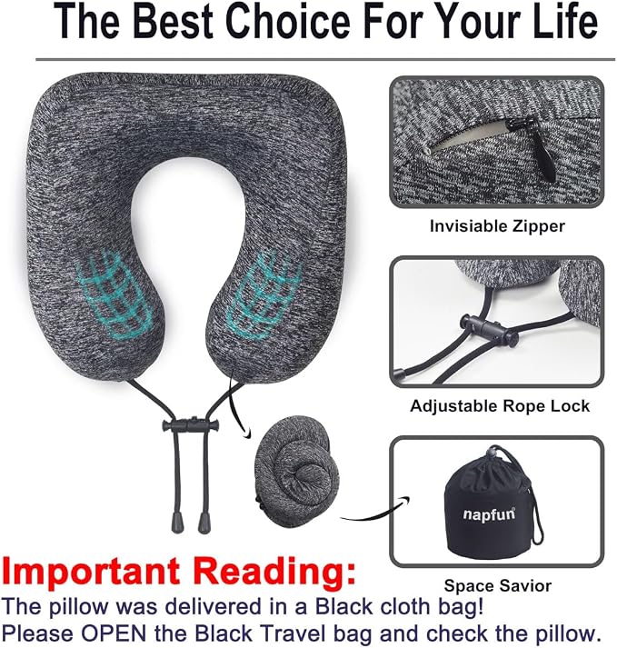 napfun Travel Pillow for Airplane, Premium Memory Foam Neck Pillow for Flight - Image 5
