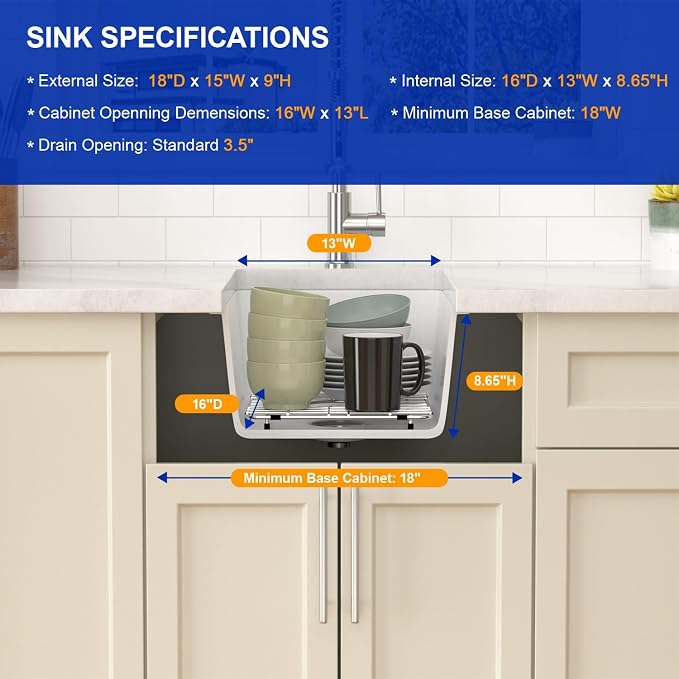 Dcolara 15 Inch White Undermount Wet Bar Sink Single Bowl Kitchen Sink Modern - Image 3