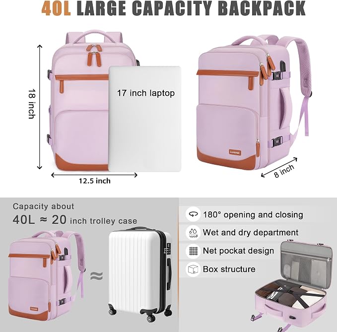 40L Travel Backpack with USB Charging Port, Water-Resistant Carry On Backpack - Image 6