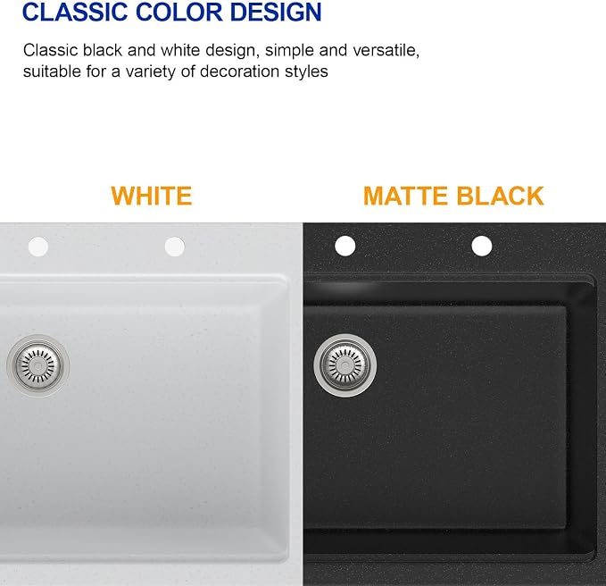 Dcolora 33x22 Drop In Kitchen Sink Black, Granite Composite Black Kitchen Sink - Image 8
