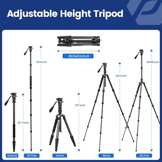 Fotopro 59" Carbon Fiber Travel Tripod, Compact Video Tripods - Image 4