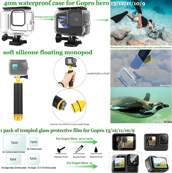 Accessories Kit for Go Pro 13 12 11 10 9 Black, 60M Waterproof Case Chest Mount - Image 2
