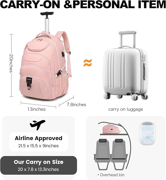 Boavan Rolling Backpack for Women, 17.3 Inch Wheeled Laptop Backpack, Large - Image 8
