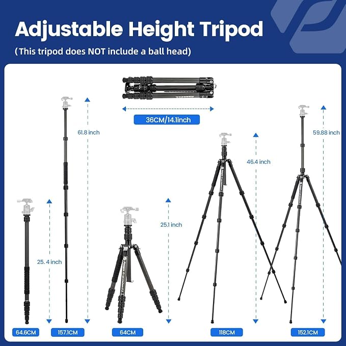 Fotopro 59” Carbon Fiber Travel Tripod, 2 in 1 Lightweight Monopod Tripods - Image 4