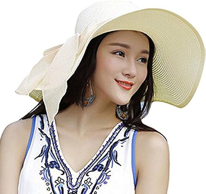 DRESHOW Beach Hats for Women Big Straw Wide Brim Summer Hat Floppy Foldable by DRESHOW