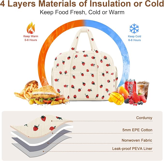 Corduroy Lunch Box Lunch Bag for Women Men, Cute Strawberry Small Insulated - Image 3