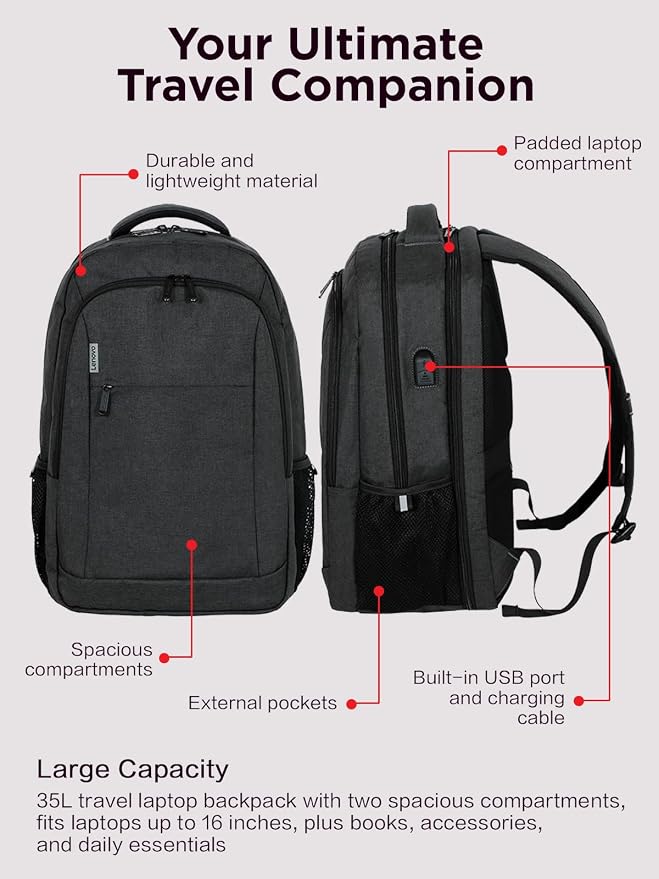 Lenovo B325 Laptop Backpack, Anti-Theft Travel Backpack, External USB Port - Image 7