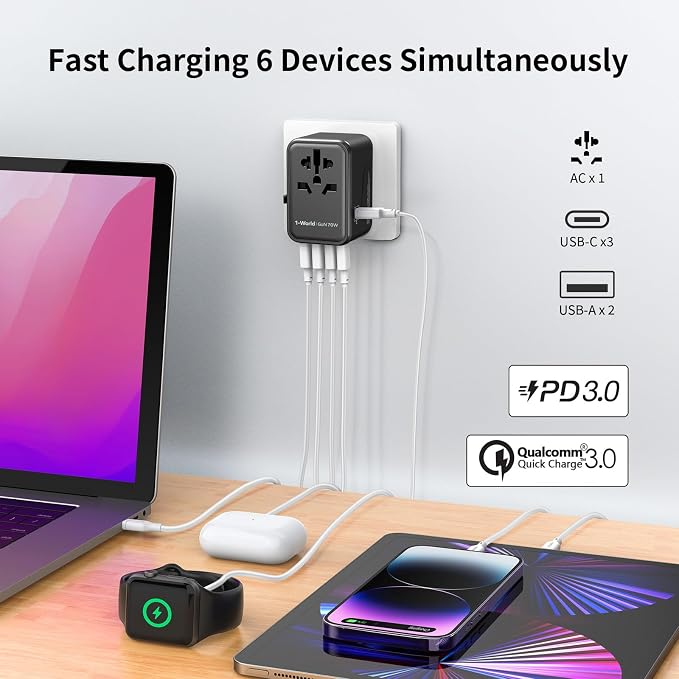 MOMAX Universal Travel Adapter, GaN 70W International Power Adapter, 3 USB-C PD - Image 4