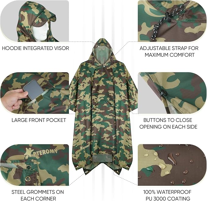 PTEROMY Hooded Rain Poncho for Adult - Image 2