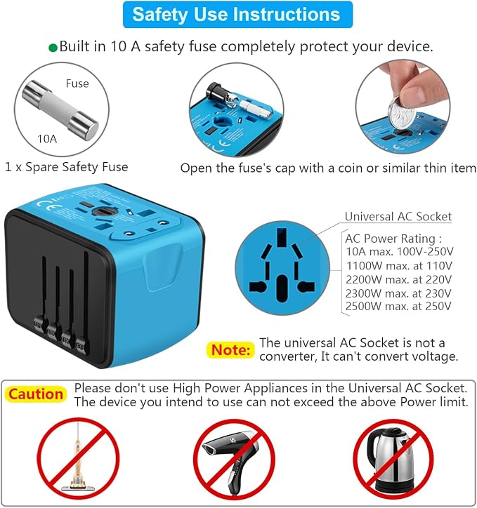 Travel Adapter Worldwide, Universal International Power Plug Adapter W/2.4A - Image 6
