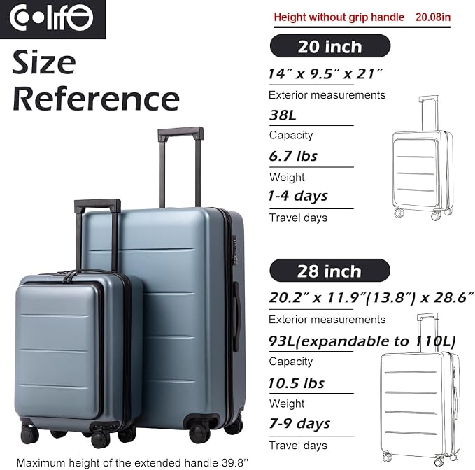 Coolife Luggage Suitcase Piece Carry On ABS+PC Spinner Trolley - Image 7