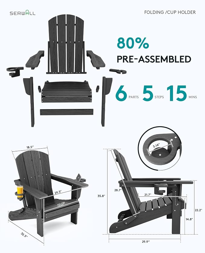 SERWALL Foldable Adirondack Chair Set of 6, HDPE Adirondack Chair - Image 4