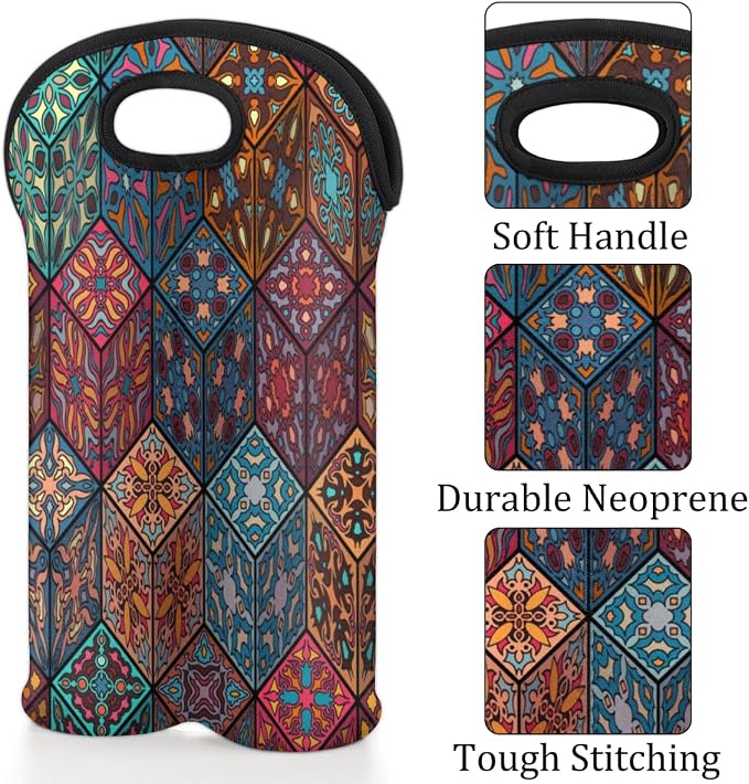 Square Mandala 2 Bottle Wine Carrier Tote Bag Insulated Wine Bottles Neoprene - Image 3