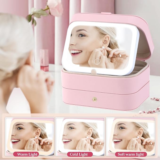 Travel Jewelry Case with LED Lighted Mirror, Personalized Birthday Gifts - Image 3