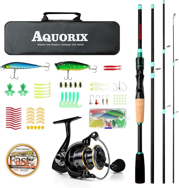 Fishing Pole Combo Set – Spinning & Baitcasting Travel Lure Rod Kit, Medium by Aquorix