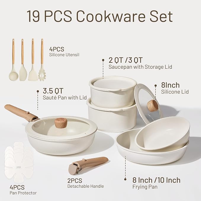 CAROTE 19pcs Pots and Pans Non Stick, Cookware Sets Detachable Handle, - Image 2