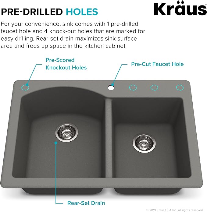 KRAUS Forteza 33-inch Drop In/Undermount 60/40 Double Bowl Granite Kitchen Sink - Image 5