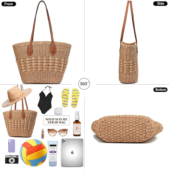 Straw Beach Bags for Women Woven Beach Tote Bag Casual Boho Large Shoulder - Image 3