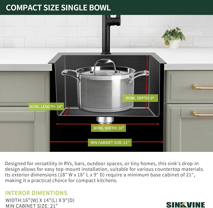 18-Inch Black Bar Sink Drop-In, SINKVINE PVD Nano Stainless Steel Kitchen Sink - Image 4