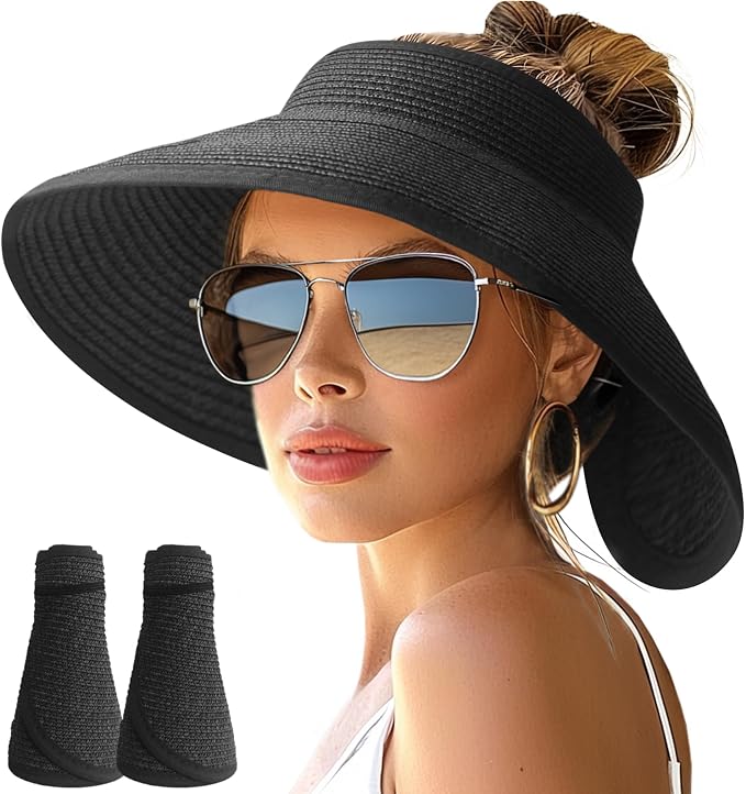 NPJY Sun Hats for Women Wide Brim Roll-Up Beach Ponytail Hat Packable Foldable by Unknown