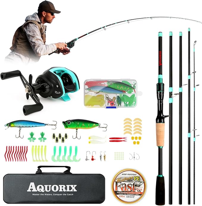 Fishing Pole Combo Set – Spinning & Baitcasting Travel Lure Rod Kit, Medium by Aquorix