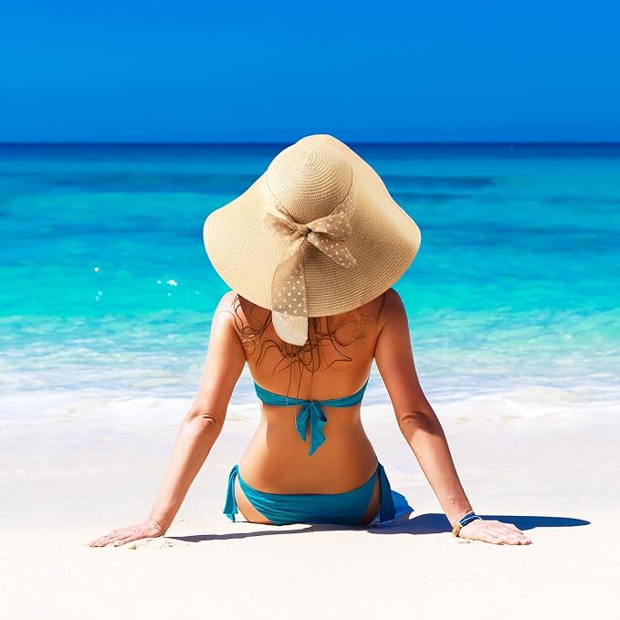 DRESHOW Beach Hats for Women Big Straw Wide Brim Summer Hat Floppy Foldable - Image 3