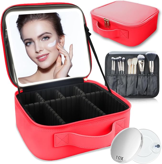 Makeup Bag with Led Mirror, Travel Makeup Organizer with 3 Color Setting & 10X by SUILU