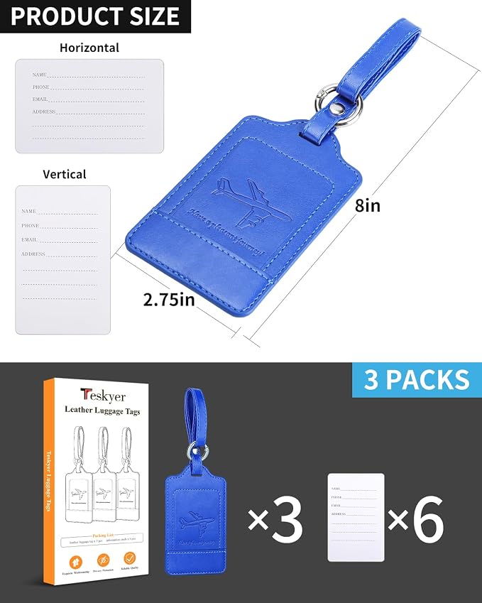 Teskyer Luggage Tags, 3 Pack Premium PU Leather Luggage Tags Privacy Protection - Image 7