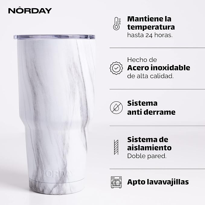 NORDAY | Tumbler with Lid - 30oz - White Marble Insulated Tumbler - Stainless - Image 2