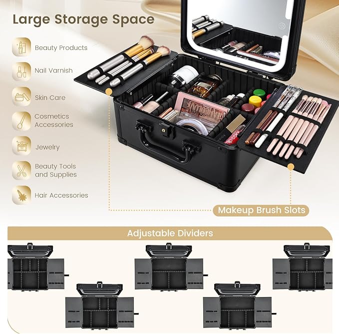 Makeup Case with Magnetic Lighted Mirror Makeup Organizer Box Travel Cosmetic - Image 3