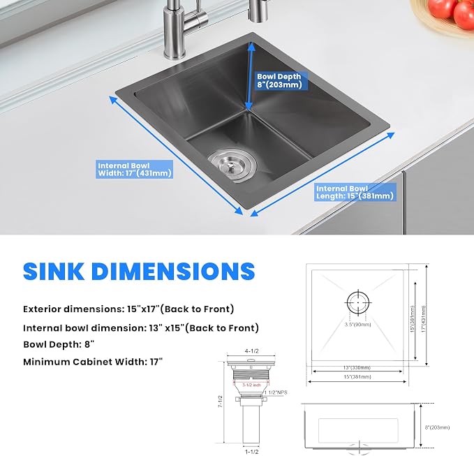 POPFLY 15×17 Inch Black Bar Sink, 304 Stainless Steel Single Bowl 8 Inch Deep - Image 7