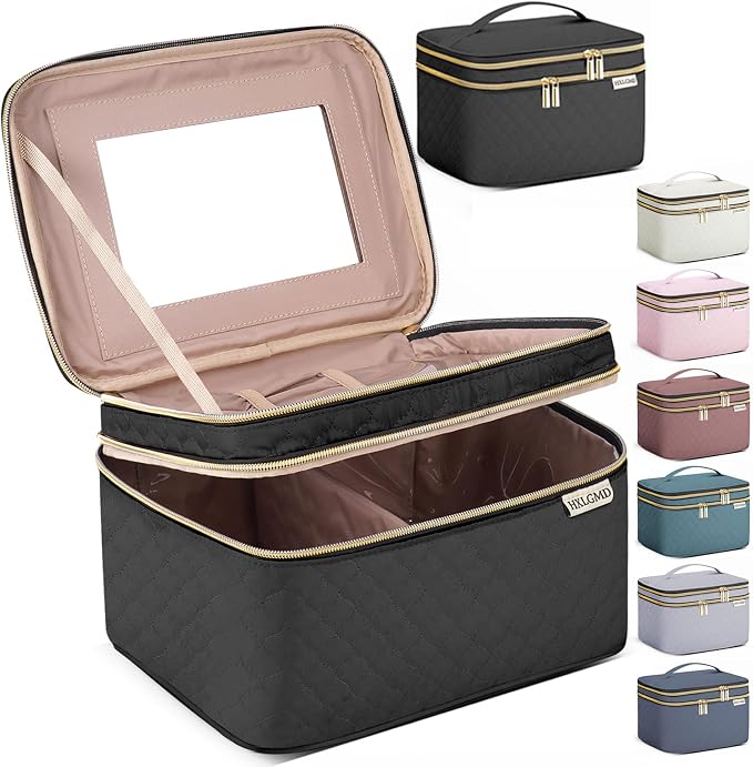 Large Makeup Bag with Mirror Double Layer Travel Make Up Organizer Case by HXLGMD