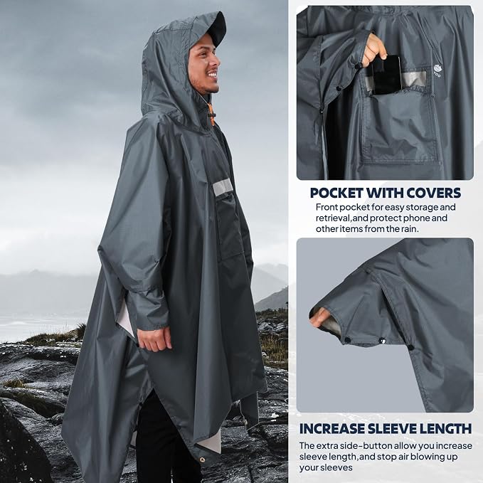 ANYOO Hooded Rain Poncho for Adults Waterproof Lightweight Rain Coat for Men - Image 6