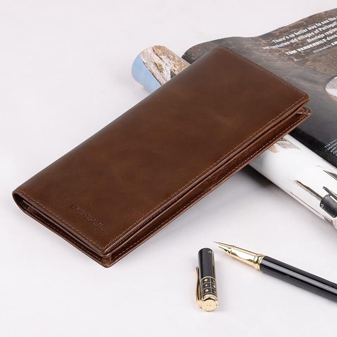VISOUL Mens Checkbook Leather Wallets Long Bifold Wallets - Image 5