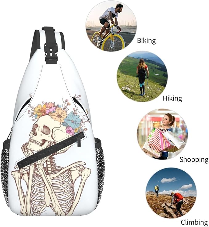 SUPLUCHOM Sling Bag Skeleton Flower Skull Hiking Daypack Crossbody Shoulder - Image 6