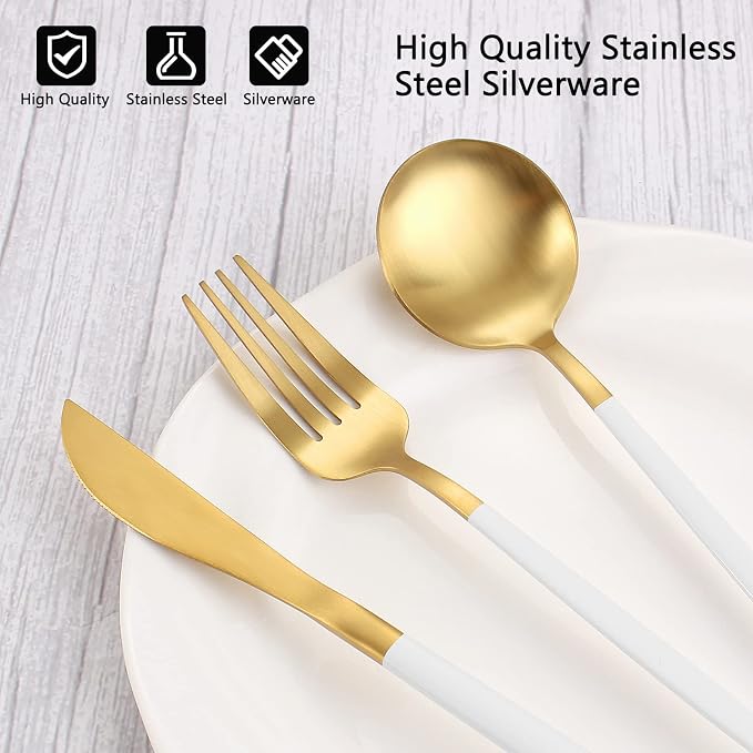 Matte White Gold Silverware Set, 20-Piece Stainless Steel Flatware Set - Image 4