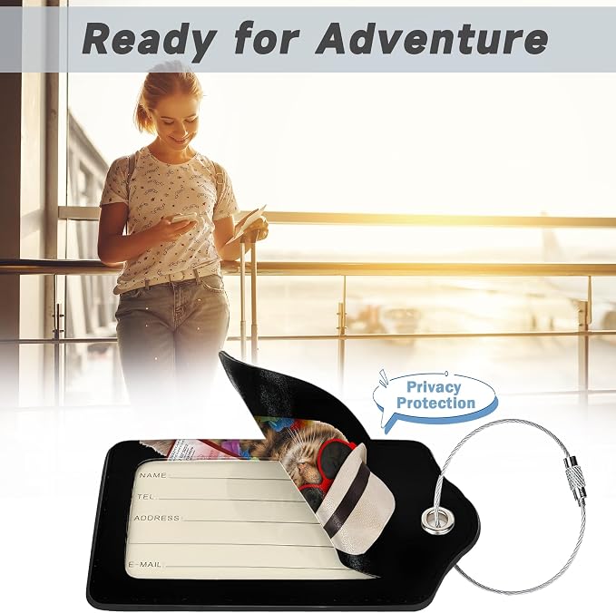 2 Pack Leather Luggage Tag for Suitcase Funny Cat Passport Airline Ticket - Image 5