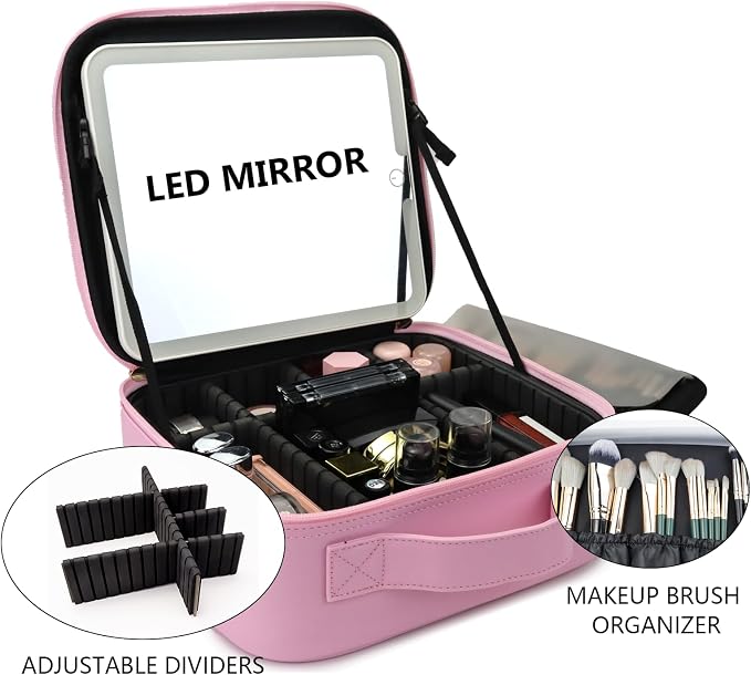 Travel Makeup Bag with LED Mirror Travel Makeup Organizer with 3 Lighted - Image 8
