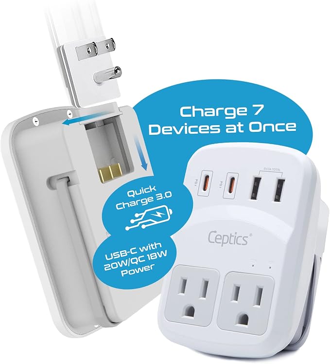 Ceptics World Travel Adapter Kit 2 USB-A, USB-C US Outlets, 20W/QC 18W Power - Image 3