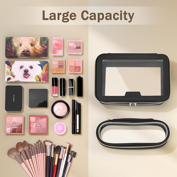 Travel Clear Makeup Bag with Makeup Brush Bag, Leather Makeup Case Toiletry Bag - Image 3