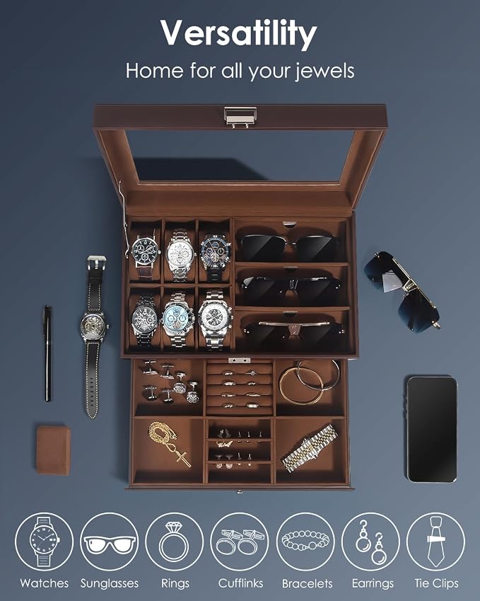 Watch Jewelry Box Organizer, 6-Slot 2-Layer Watch Case and Sunglasses Storage - Image 4