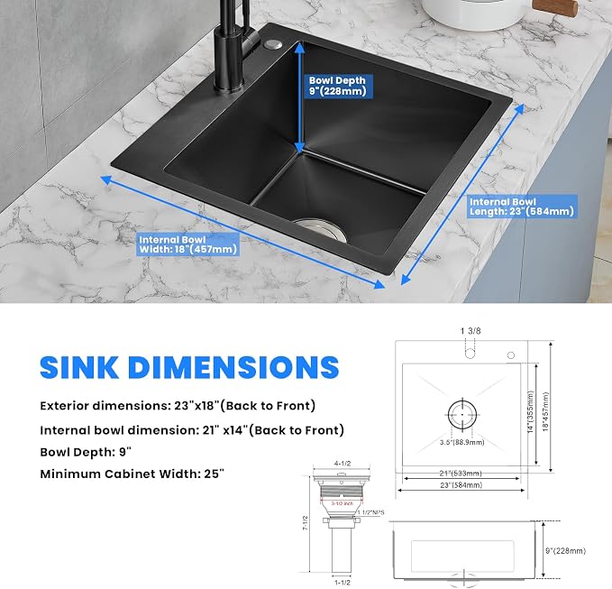 POPFLY 23 x 18 Inch Drop in Kitchen Sink, 304 Stainless Steel Overmount Single - Image 7