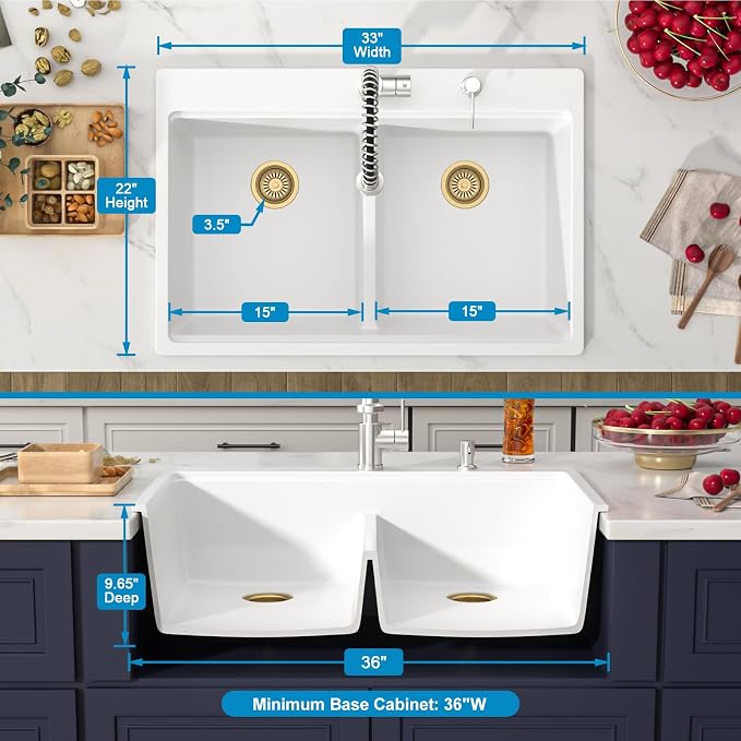 33 Inch Quartz Drop In White Kitchen Sink-Donsdey Double Bowl Topmount Granite - Image 5