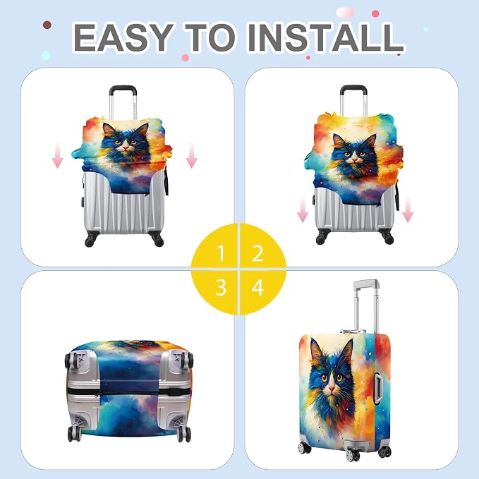 ANNA QUEEN Colorful Cat Luggage Cover, Artistic Blue Cat Design - Image 6